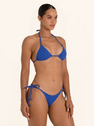 Halter bikini top in royal blue with self-tie straps.