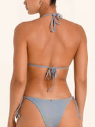 Halter tie denim blue bikini top style for beachwear.