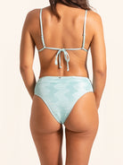 High-rise bikini bottom in ice blue color offering flattering silhouette.
