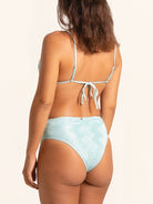 Fashion swim look with ice blue high-waist bikini bottom and ribbed detail.