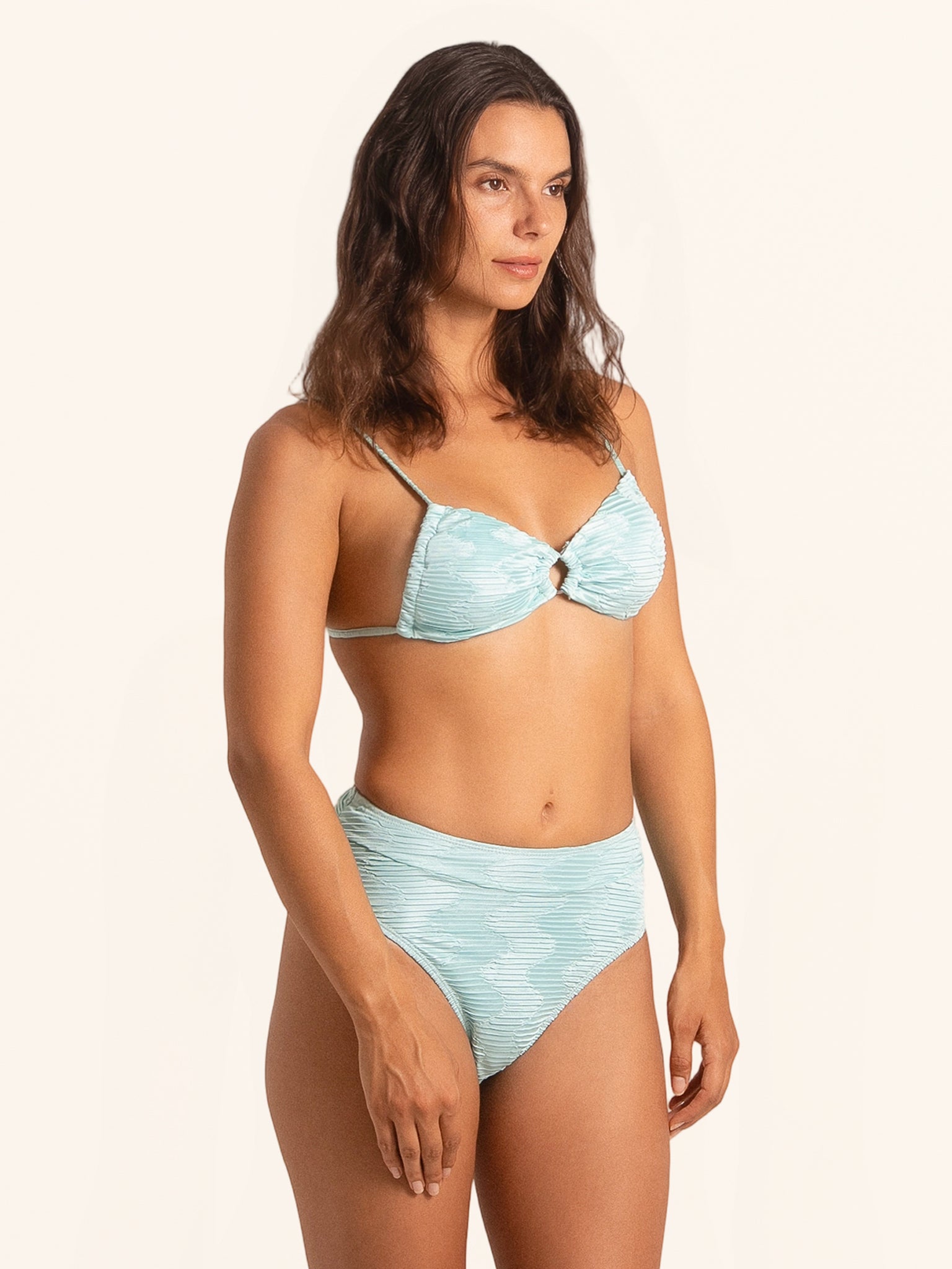 Ice blue textured high-waist bikini bottom for modern beachwear look.