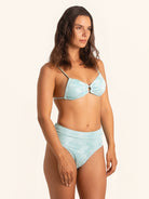 Textured fabric ice blue bikini bottom in high-waist fit.