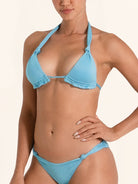 Lake blue bikini top with halter neck design and back tie.