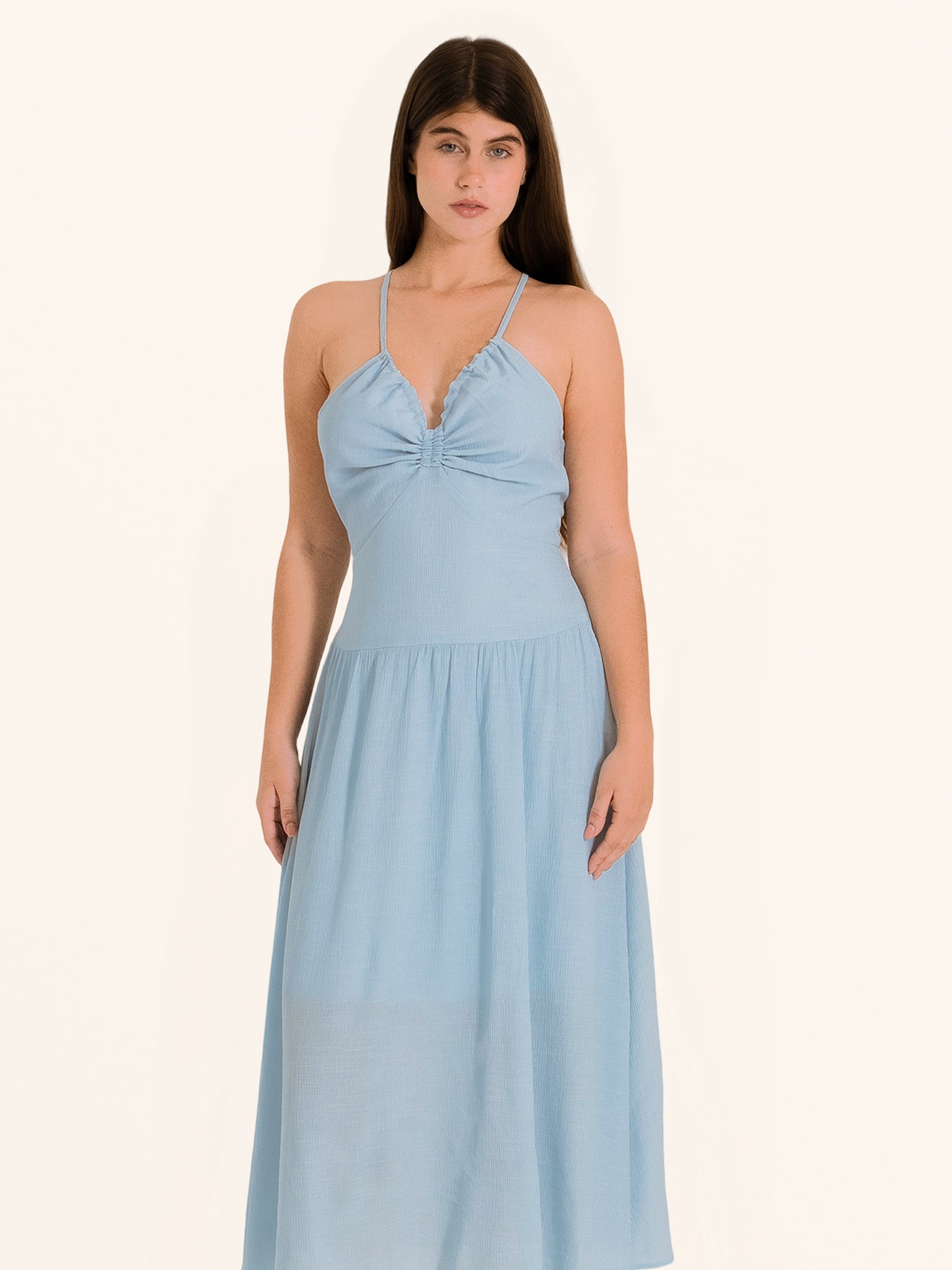 Front view of light blue spaghetti strap maxi dress with ruched bodice
