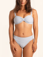 Light blue striped bikini bottom with flattering high waist fit.