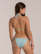 Back view of light blue triangle bikini top with halter tie and adjustable straps