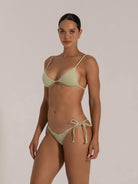 Light green ribbed bikini set featuring triangle cups, adjustable straps, and high-leg tie side bottoms.