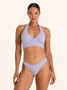 Lilac bikini top with halter neck and cutout detail.