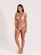 Front angle of lilac bikini with ruched bottom and thick straps