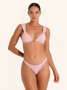 Lilac thick strap bikini top with tie back bow and textured fabric.