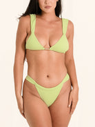 Lime green bikini bottom with high-leg cut and flattering fit.