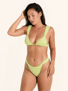 Lime green bikini top with wide shoulder straps and bow back tie.