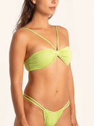 Lime green strapless bikini top with halter tie accent.