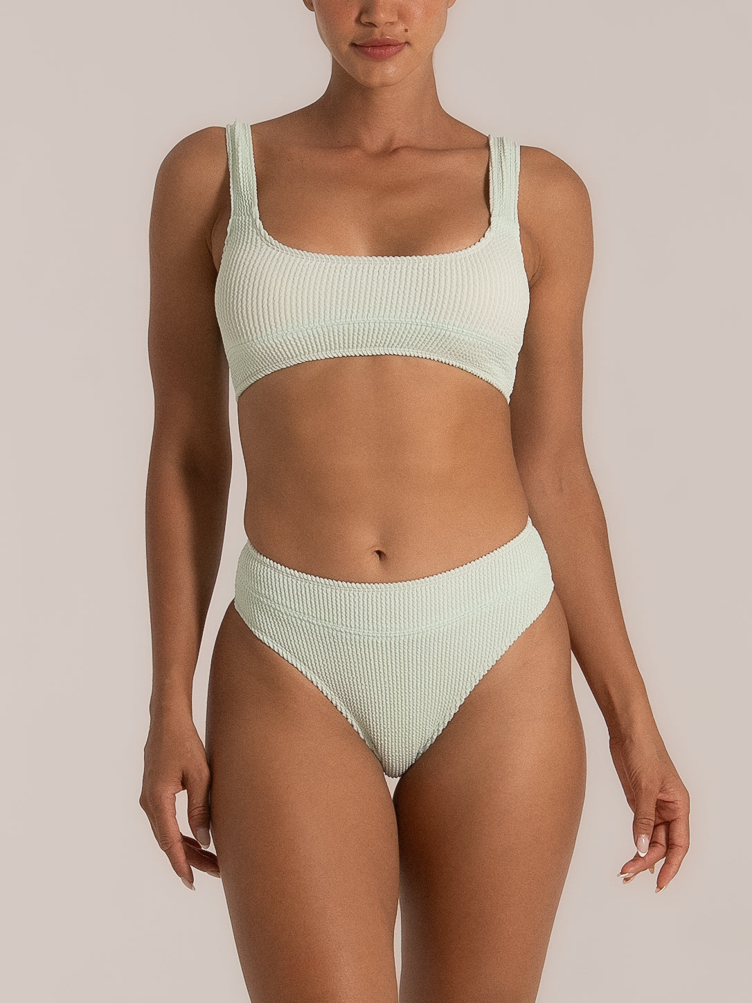 Front view of mint textured high waist bikini bottom with wide waistband