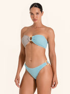 Modern two tone swim bottom with ring detail, blue and grey color mix.