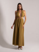 Mustard yellow halter cutout maxi dress