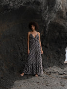 OCEAN MYSTERY women's summer slip dress: black spaghetti strap maxi with white floral print, fast shipping.