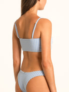 Back view of Ocean Mystery blue gingham bow tie bikini top with clasp closure and comfortable fit.