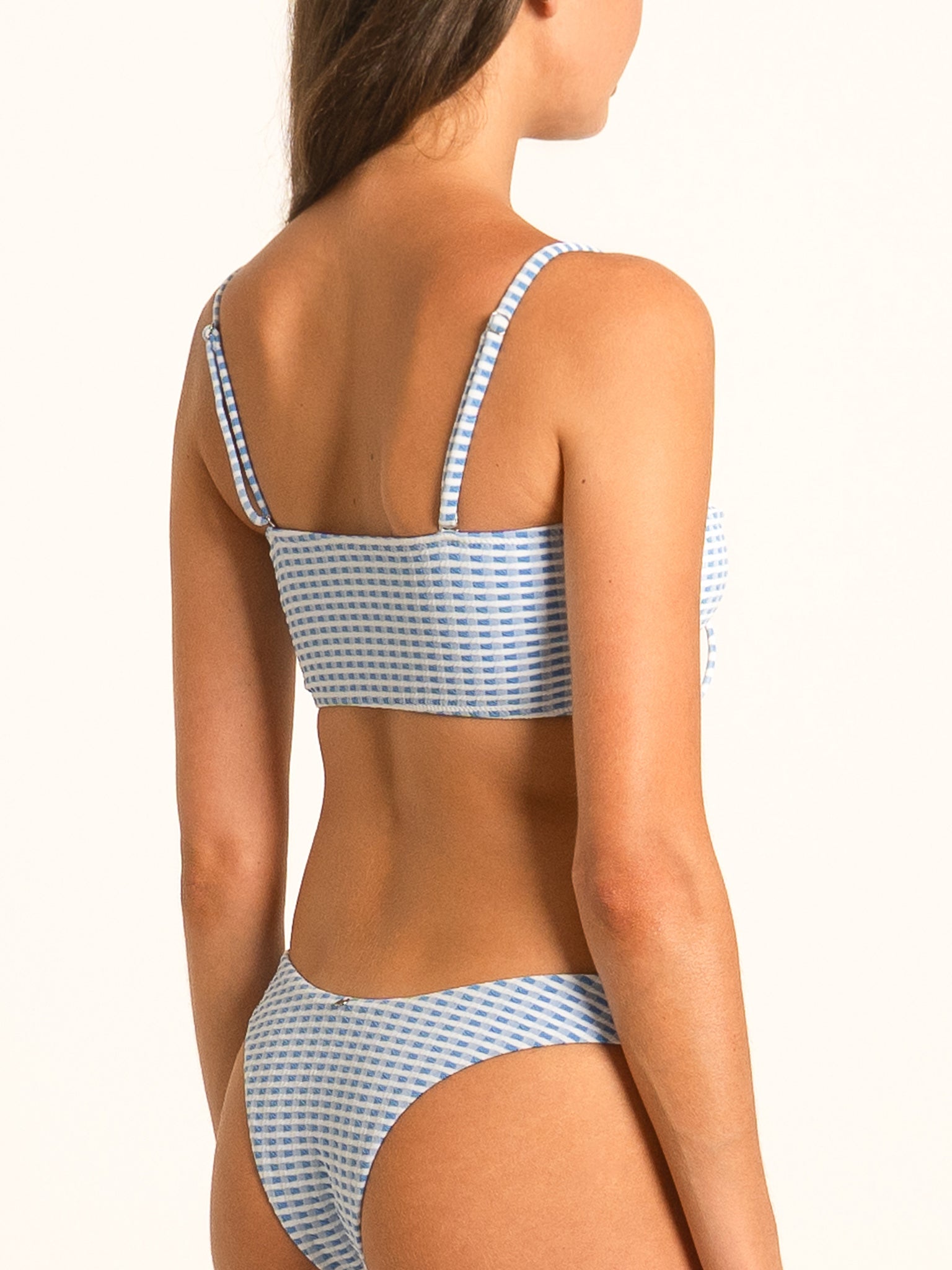 Back view of Ocean Mystery blue gingham bow tie bikini top with clasp closure and comfortable fit.