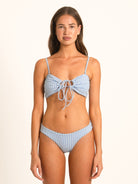 Ocean Mystery blue gingham bow tie bikini top with adjustable front tie and slim straps, front look.