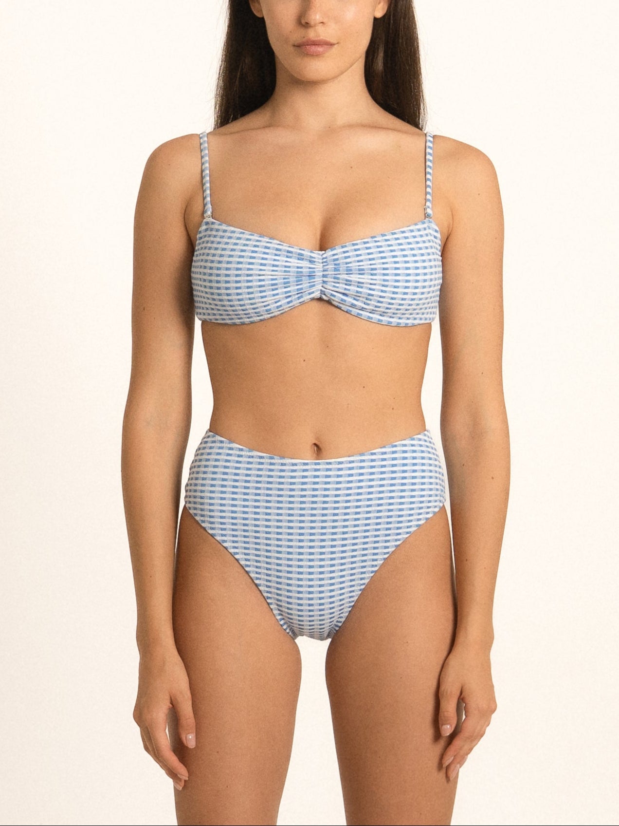 Ocean Mystery blue gingham high waist bikini bottom with sculpting fit and flattering front look.