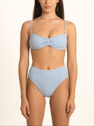 Ocean Mystery blue gingham high waist bikini bottom with sculpting fit and flattering front look.