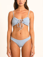 Ocean Mystery blue gingham hipster bikini bottom with mid-rise waist and flattering fit, front look.