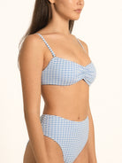 Back view of Ocean Mystery blue gingham sweetheart bikini top with clasp closure and adjustable straps.