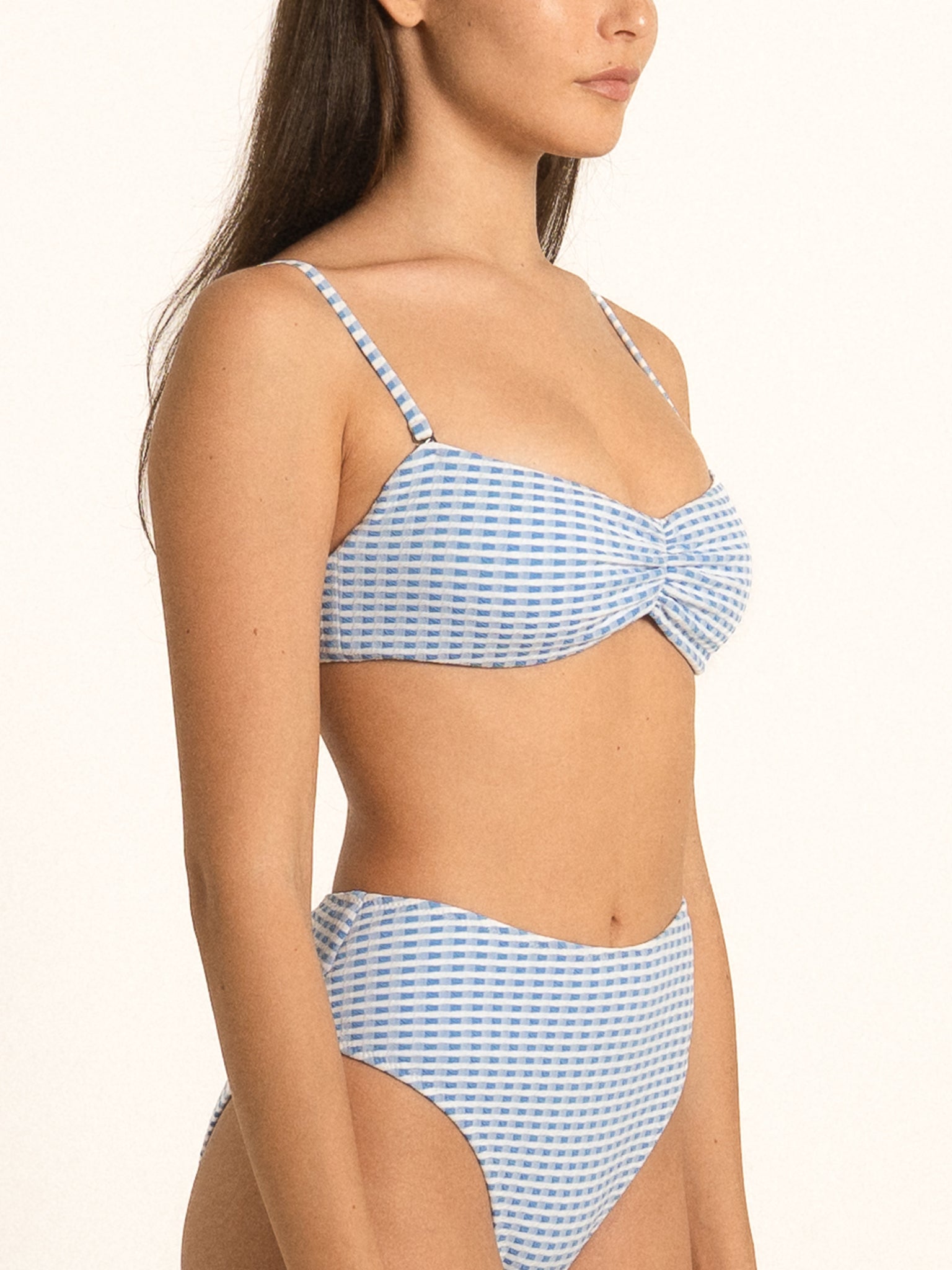 Back view of Ocean Mystery blue gingham sweetheart bikini top with clasp closure and adjustable straps.