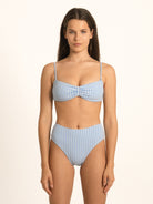 Ocean Mystery blue gingham sweetheart bikini top with bow front and soft textured fabric, front look.