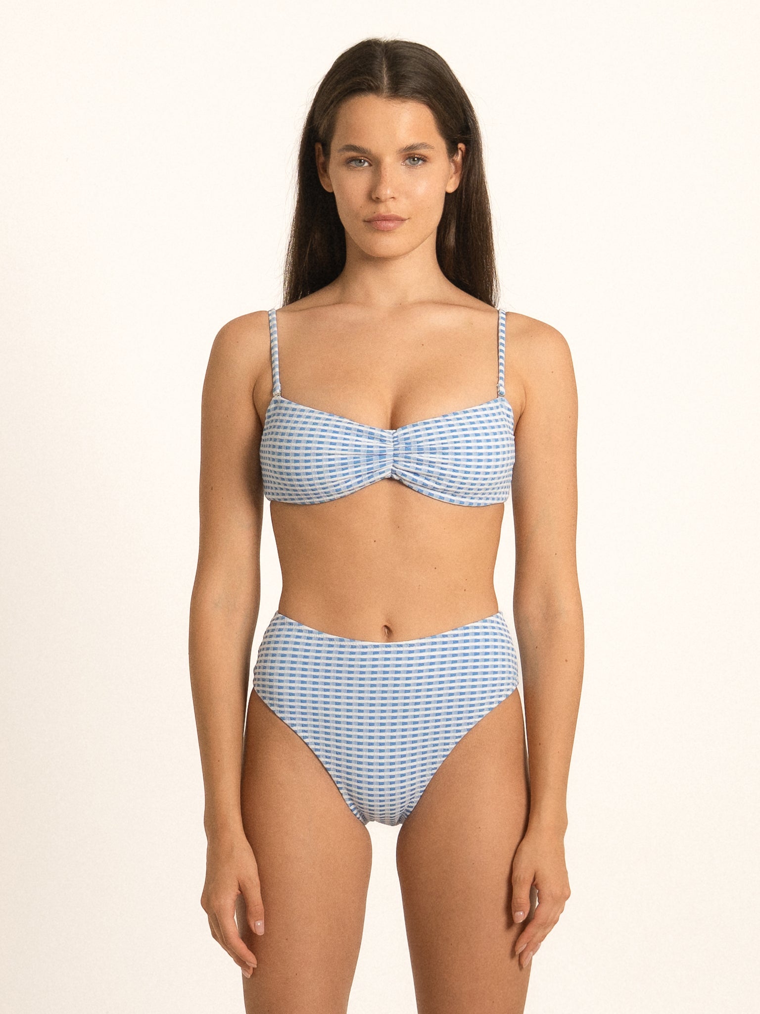 Ocean Mystery blue gingham sweetheart bikini top with bow front and soft textured fabric, front look.