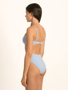 Ocean Mystery blue gingham sweetheart bikini top designed with signature bow front and minimal seams.