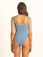 Ocean Mystery modern fit one piece swimsuit in blue with scoop back.