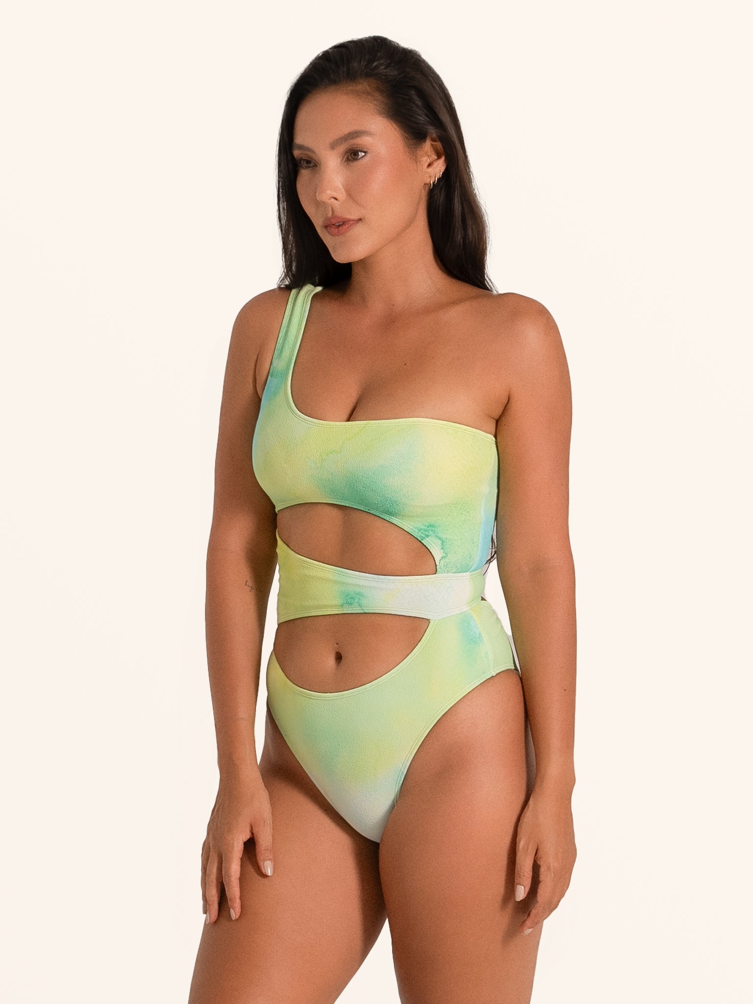 Front look of Ocean Mystery one shoulder green gradient cut out one piece swimsuit