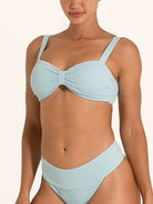 Ocean Mystery light blue textured bikini top with front knot and flattering fit.
