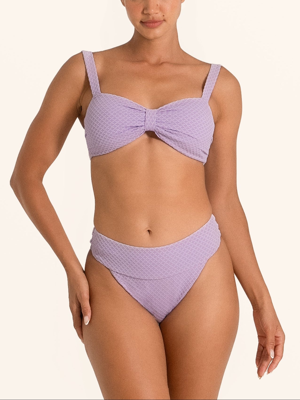 Front view of Ocean Mystery high waist bikini bottom in lilac textured style.