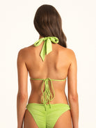 Back view of Ocean Mystery green triangle bikini top with halter neck and tie closure