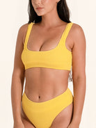 OCEAN MYSTERY bikini top in mustard yellow with supportive square cut.