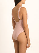 Back view of Ocean Mystery red gingham one piece swimsuit with low scoop back and moderate coverage.