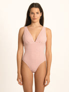 Ocean Mystery red gingham one piece swimsuit with deep V neckline and supportive wide straps, front look.