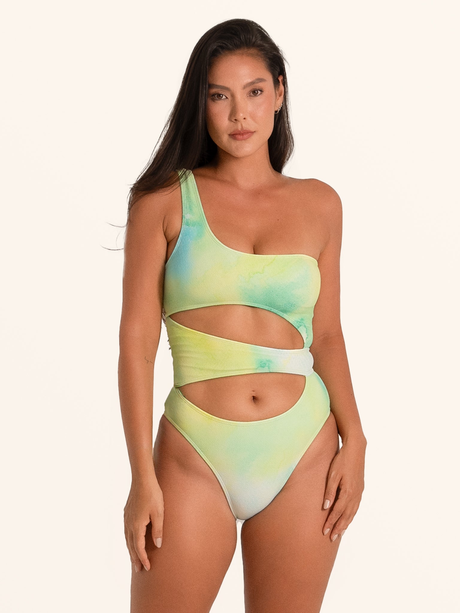 Ocean Mystery one shoulder cut out one piece swimsuit in green gradient, front view