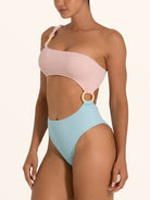 Ocean Mystery one shoulder cut out one piece swimsuit in pink and blue with side ring detail