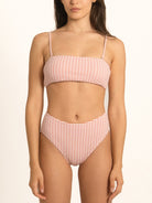 Ocean Mystery red gingham high waist bikini bottom with flattering sculpting fit, front look.