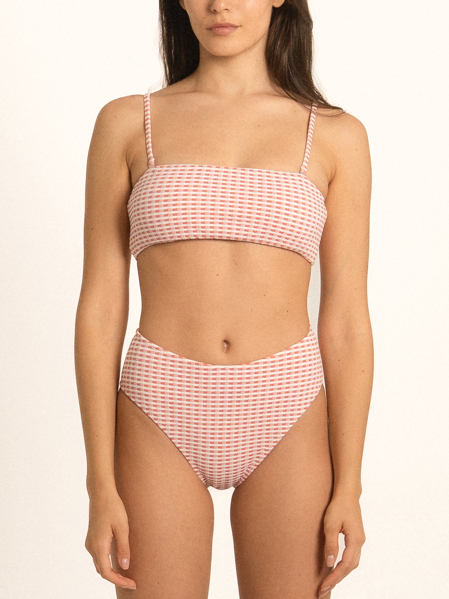 Ocean Mystery red gingham high waist bikini bottom with flattering sculpting fit, front look.