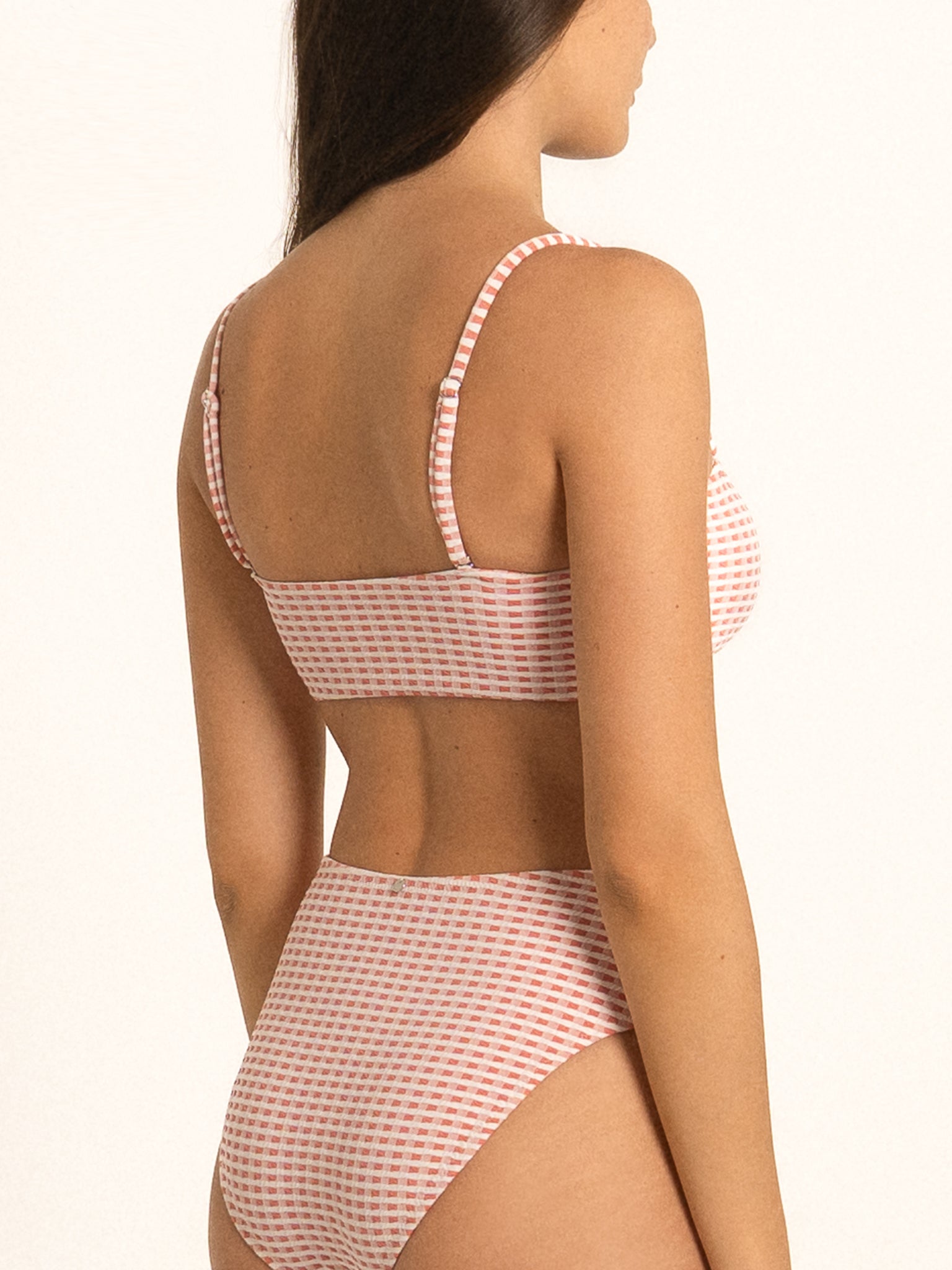 Back view of Ocean Mystery red gingham square neck bikini top with clasp closure and soft straps.