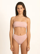 Ocean Mystery red gingham square neck bikini top with straight neckline and slim adjustable straps, front look.