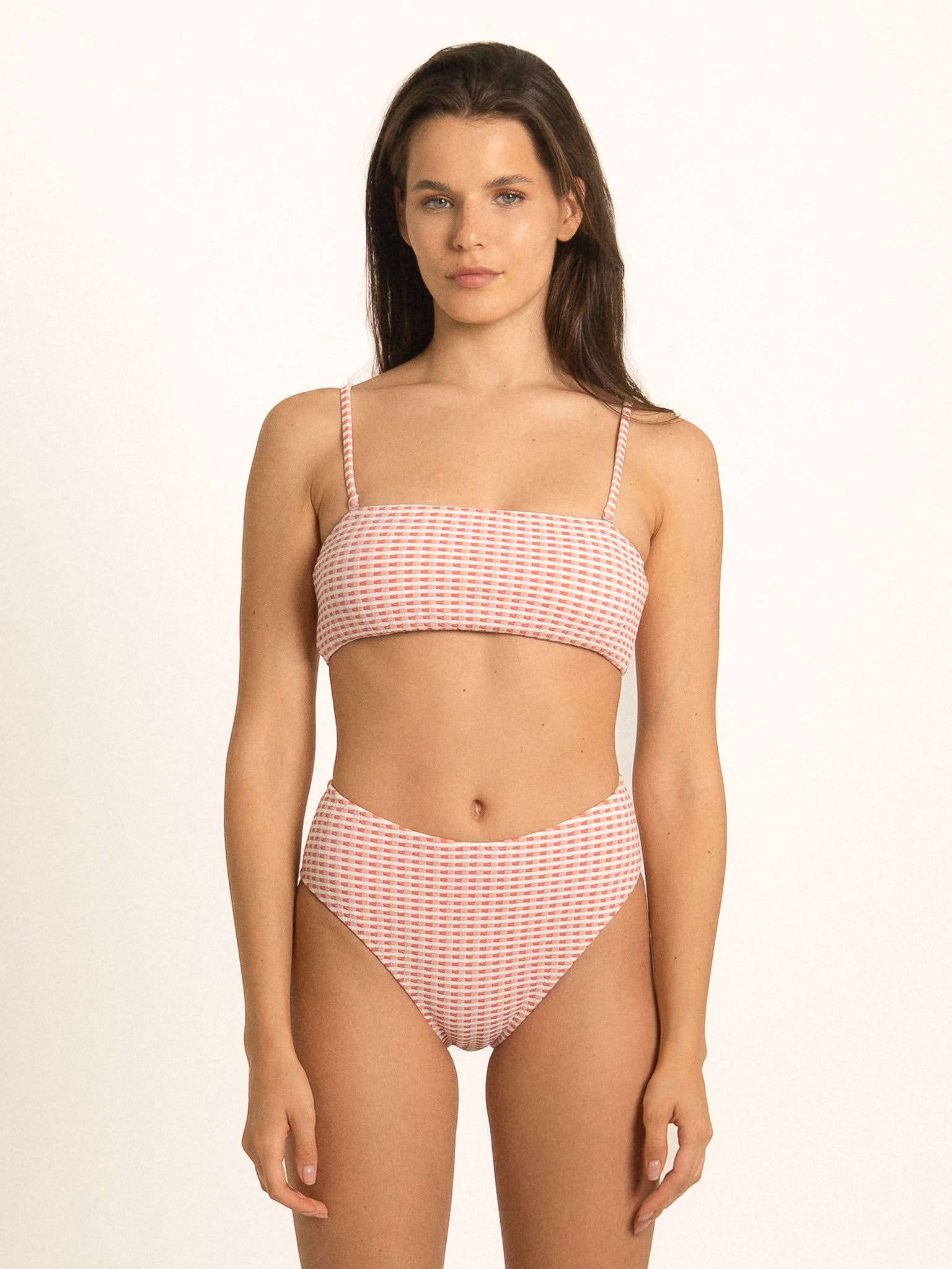 Ocean Mystery red gingham square neck bikini top with straight neckline and slim adjustable straps, front look.