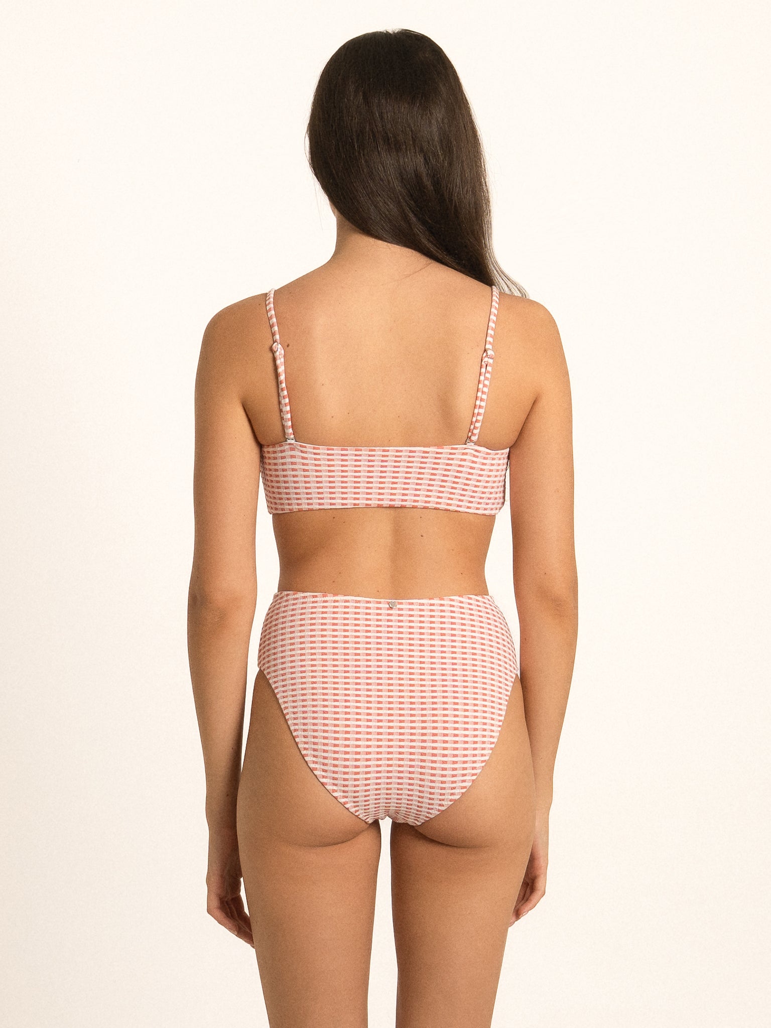 Ocean Mystery red gingham square neck swimwear top featuring classic fit and adjustable shoulder straps.