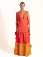 Ocean Mystery red and mustard yellow color block maxi dress with plunging neckline and sleeveless design, front look.