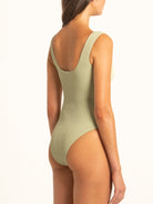 Ocean Mystery sage one piece swimsuit with high leg cut for a flattering fit.